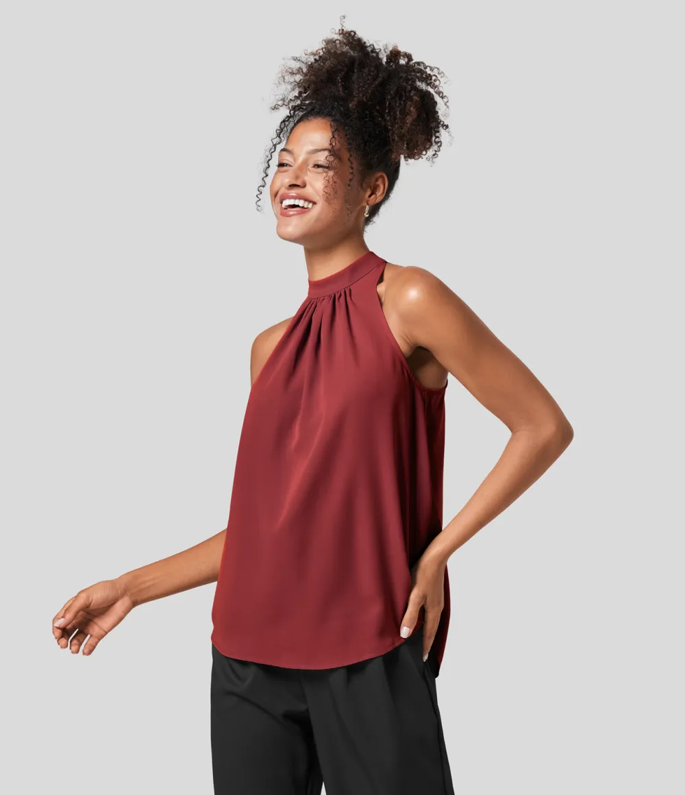Keyhole Back Halter Plicated Sleeveless Curved Hem Work Blouse