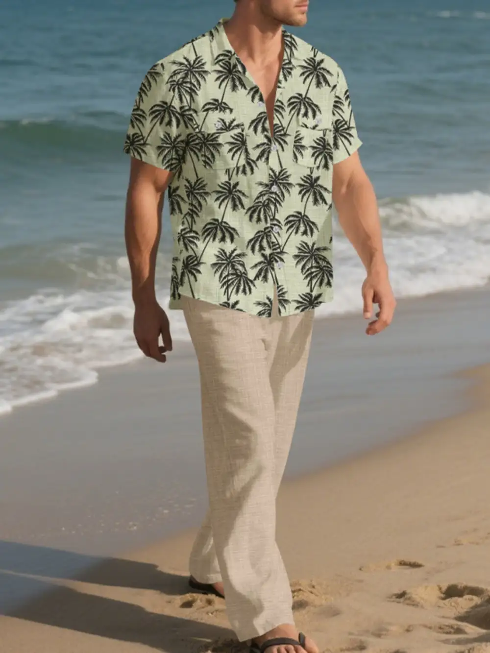 Men's Full Size Tropical Palm Print Button Up