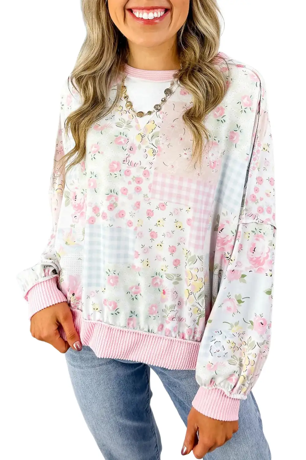 Plaid Ribbed Relaxed Stretch Fabric Long Sleeve Top
