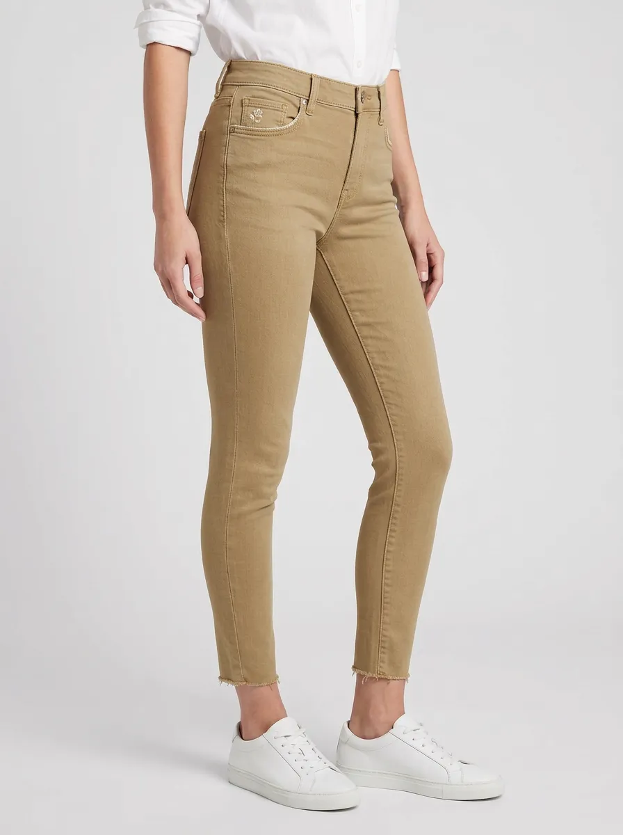 Women's Floral Embroidery High-Rise Raw Hem Printed Slim Jeans