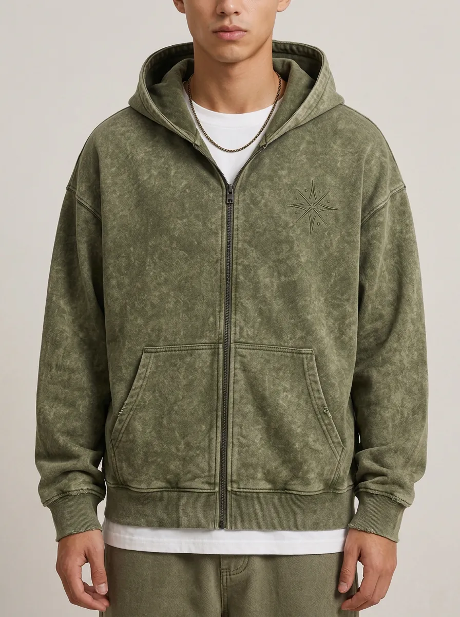 Men's Vintage Compass Star Acid Wash Printed Zip Hoodie