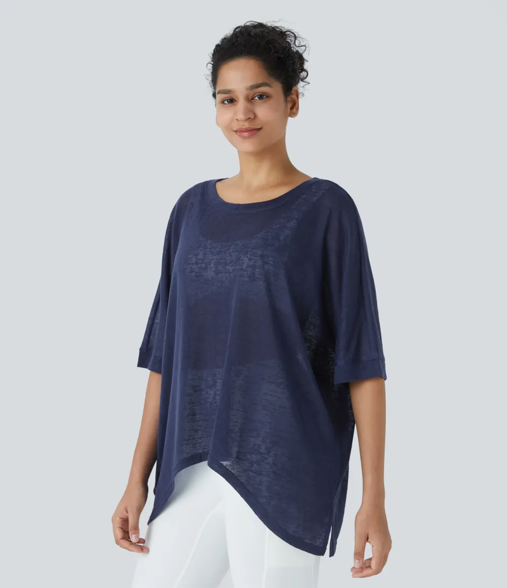 Asymmetric Split Hem Sheer Oversize Casual Top