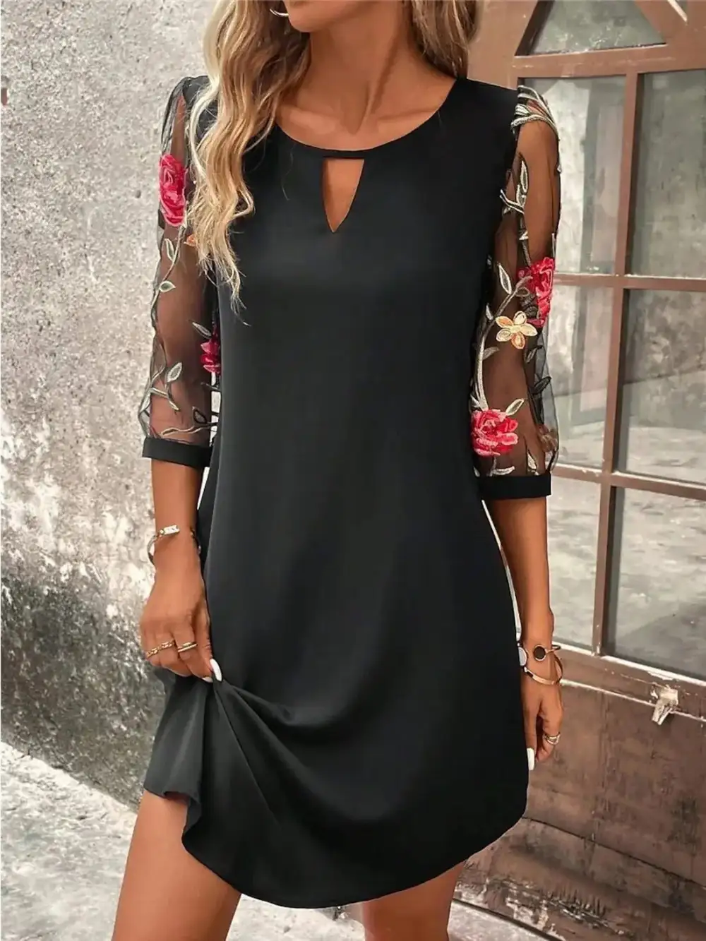  Refined Floral Mesh Sleeve Mini Dress