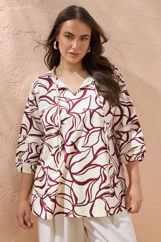 Natural Brown Abstract Floral Cotton Top
