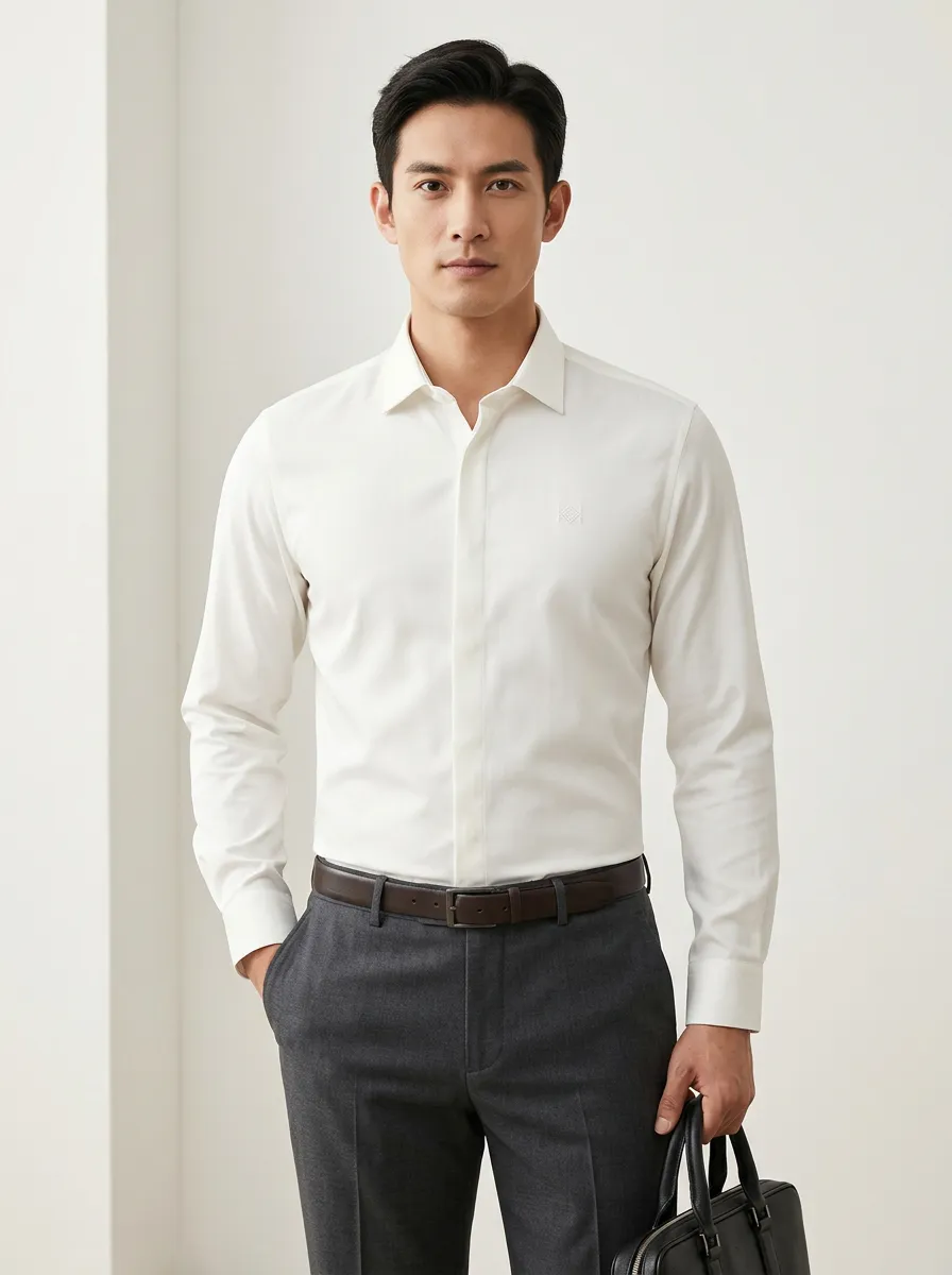 Men's Business Casual Non-Iron Cotton Embroidered Logo Shirt