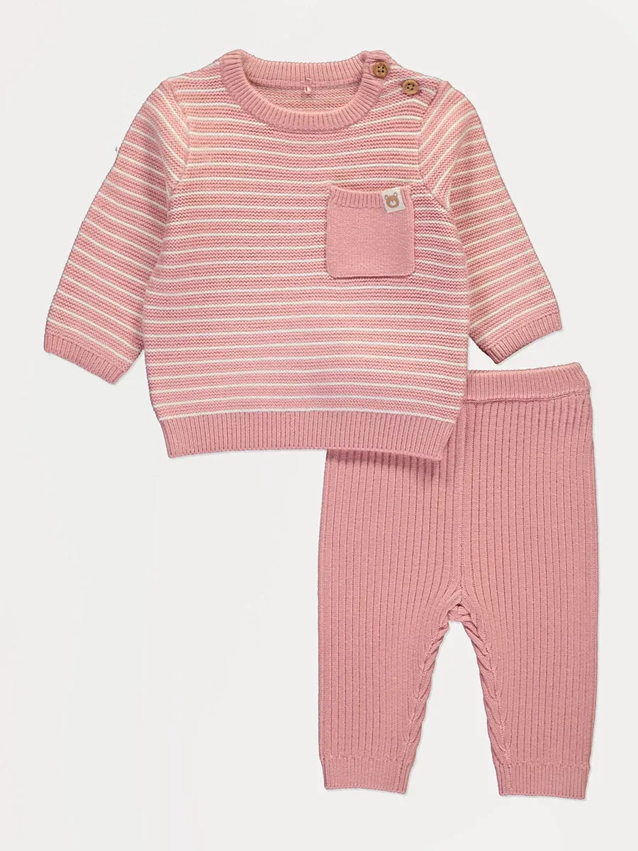 Pink Striped Knitted Jumper and Leggings Outfit