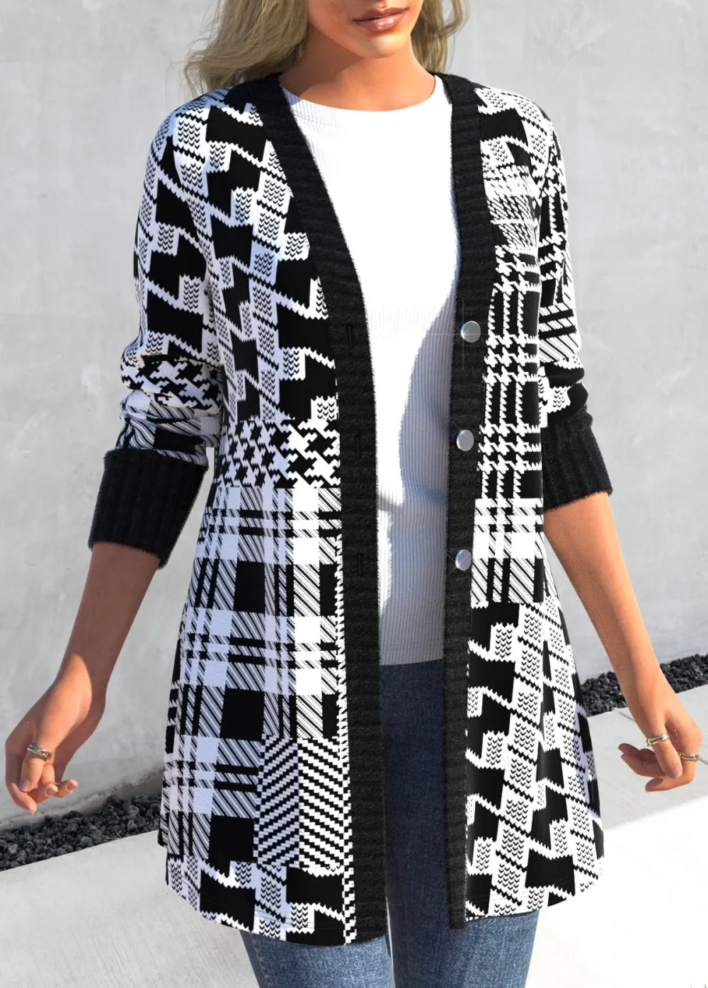 Black Button Geometric Print Long Sleeve Coat