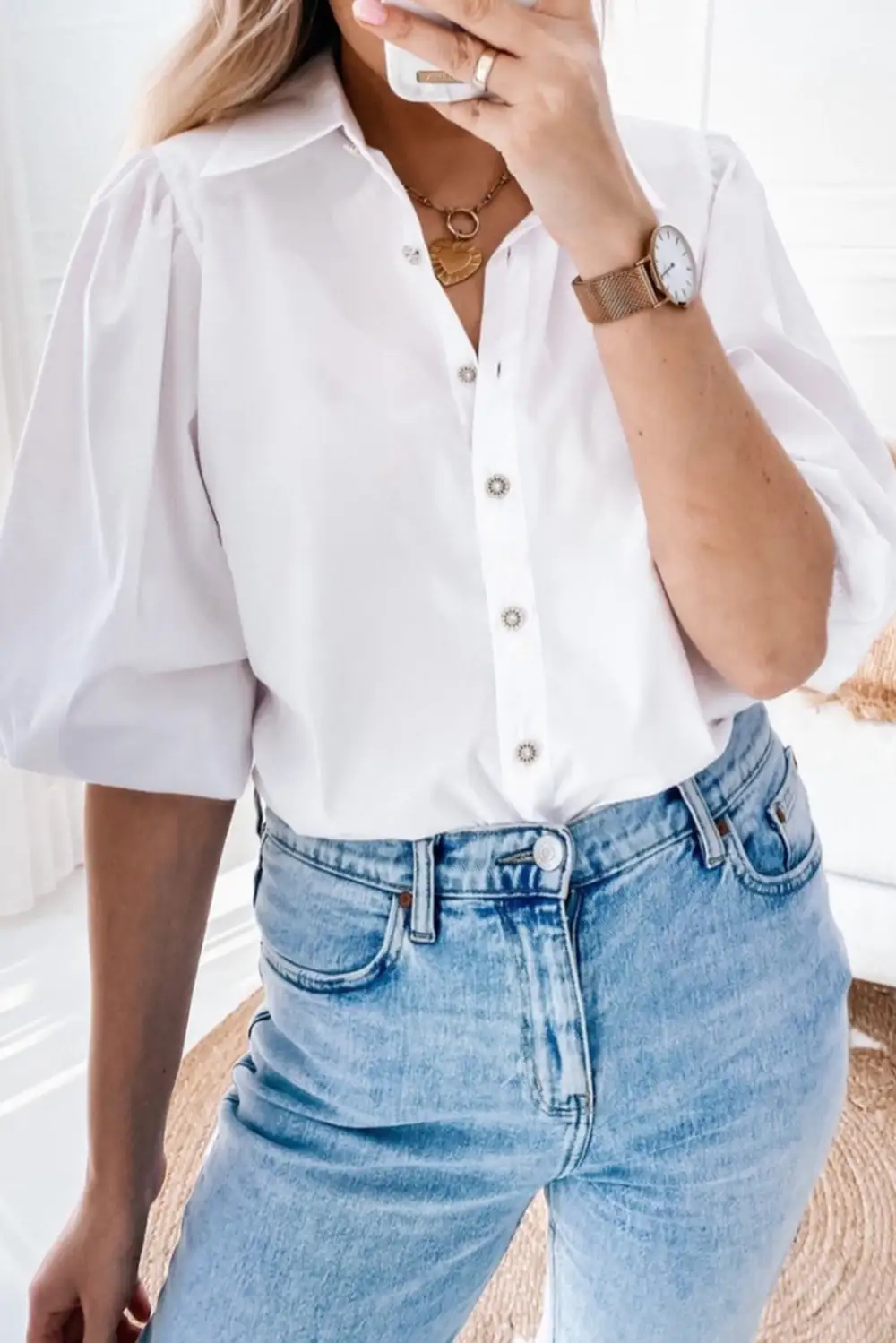 Turn Down Neck Puff Sleeve Shirt