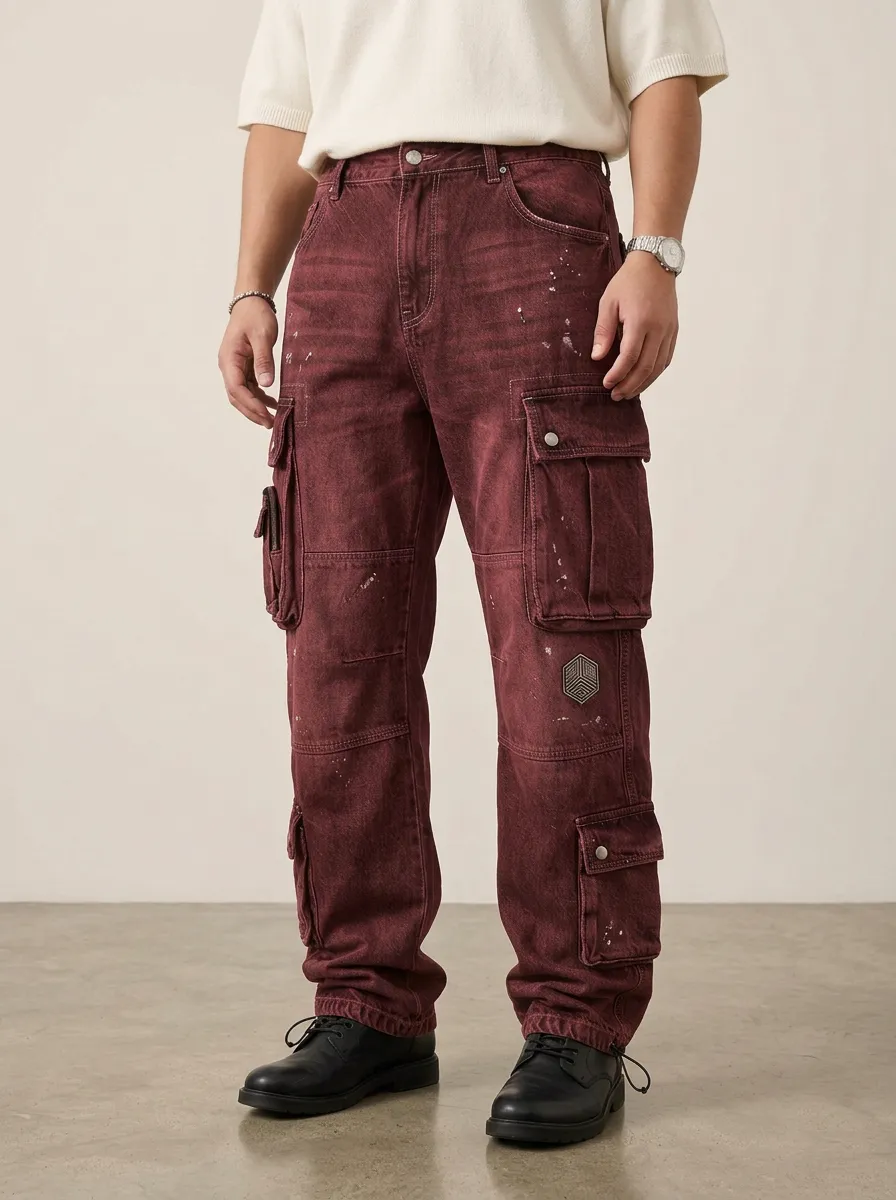 Men's Vintage Washed Paint Splatter Multi-Pocket Cargo Pants