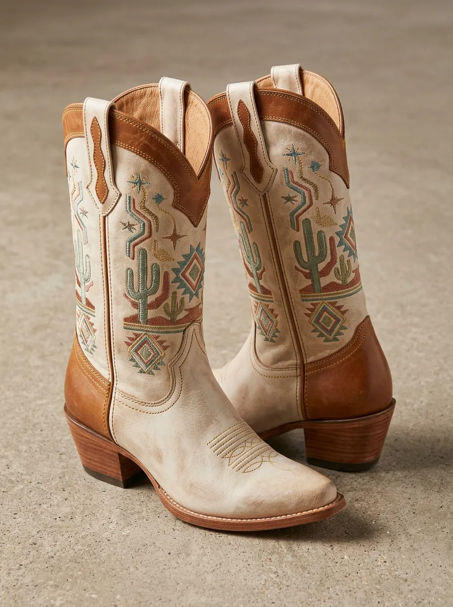 Range Cactus Geometric Silhouette Unisex Western Cowboy Boots