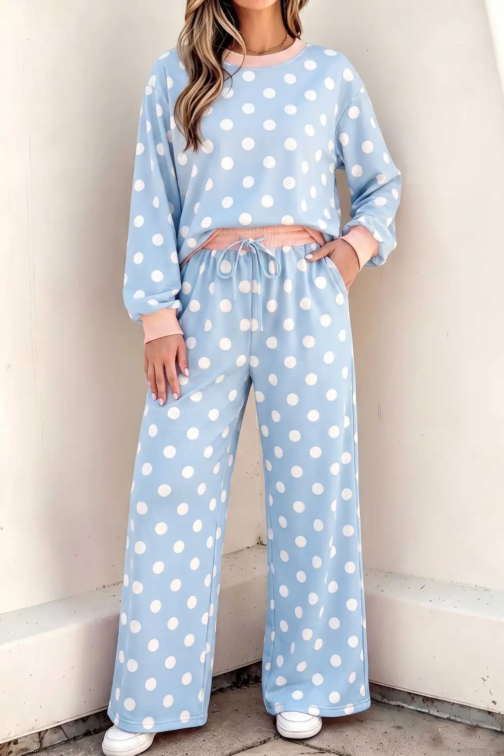 Women's Polka Dot Contrast Trim Long Sleeve Top Drawstring Shift Pants Set