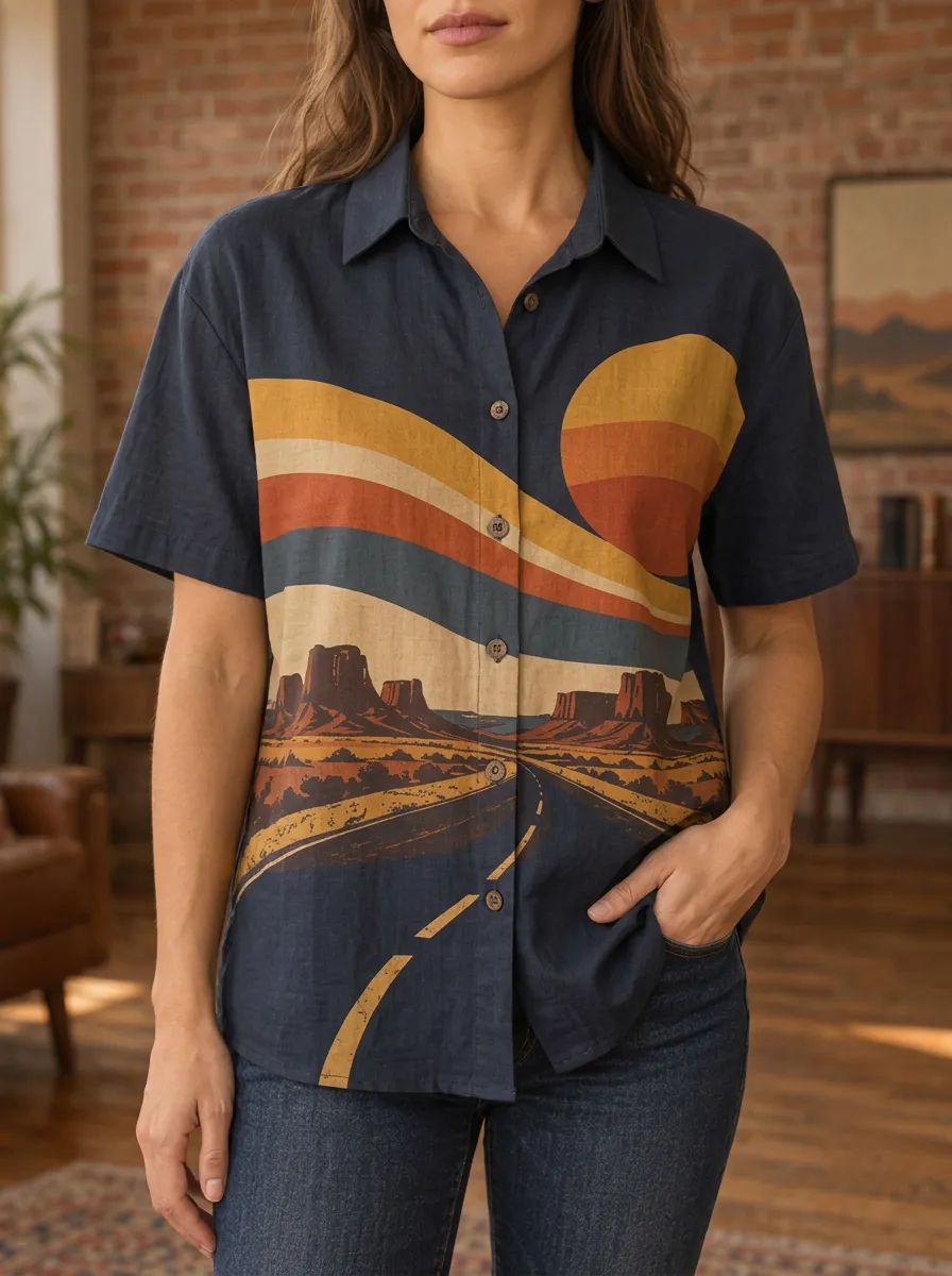 Women's Retro Desert Road Sunset Printed Shirt