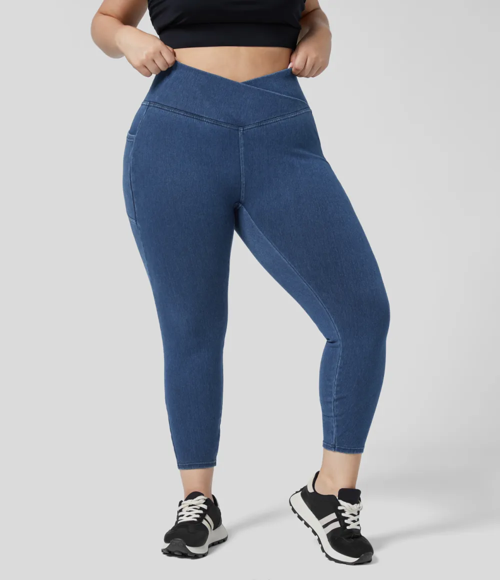 Magic Crossover Side Pocket Washed Stretchy Knit Denim Work Plus Size Leggings
