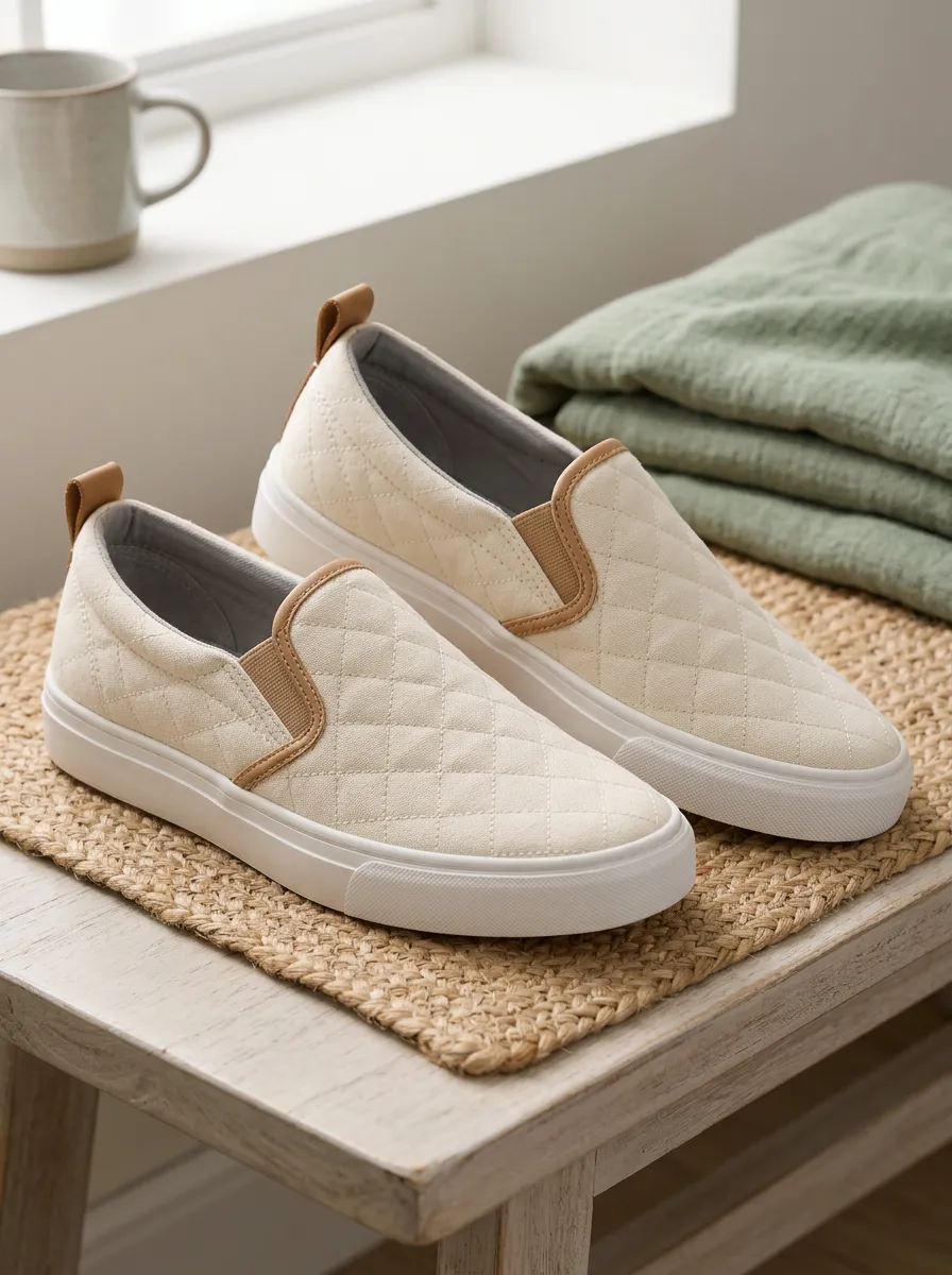Women's Casual Beige Quilted Pattern Printed Slip-on Shoes