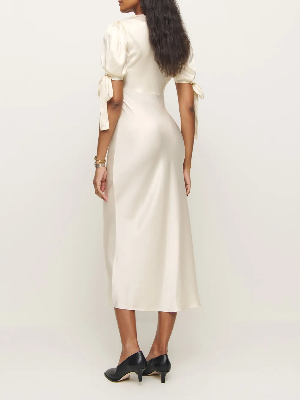 Lace Trimmed Tie Sleeve Silk Midi Dress