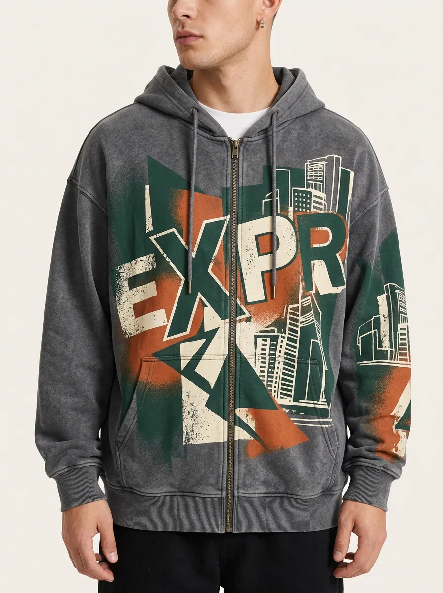 Men's Urban City Graphic EXPR Letter Printed Zip Up Hoodie