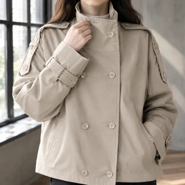 Double-Breasted Stand Collar Hip-Length Jacket