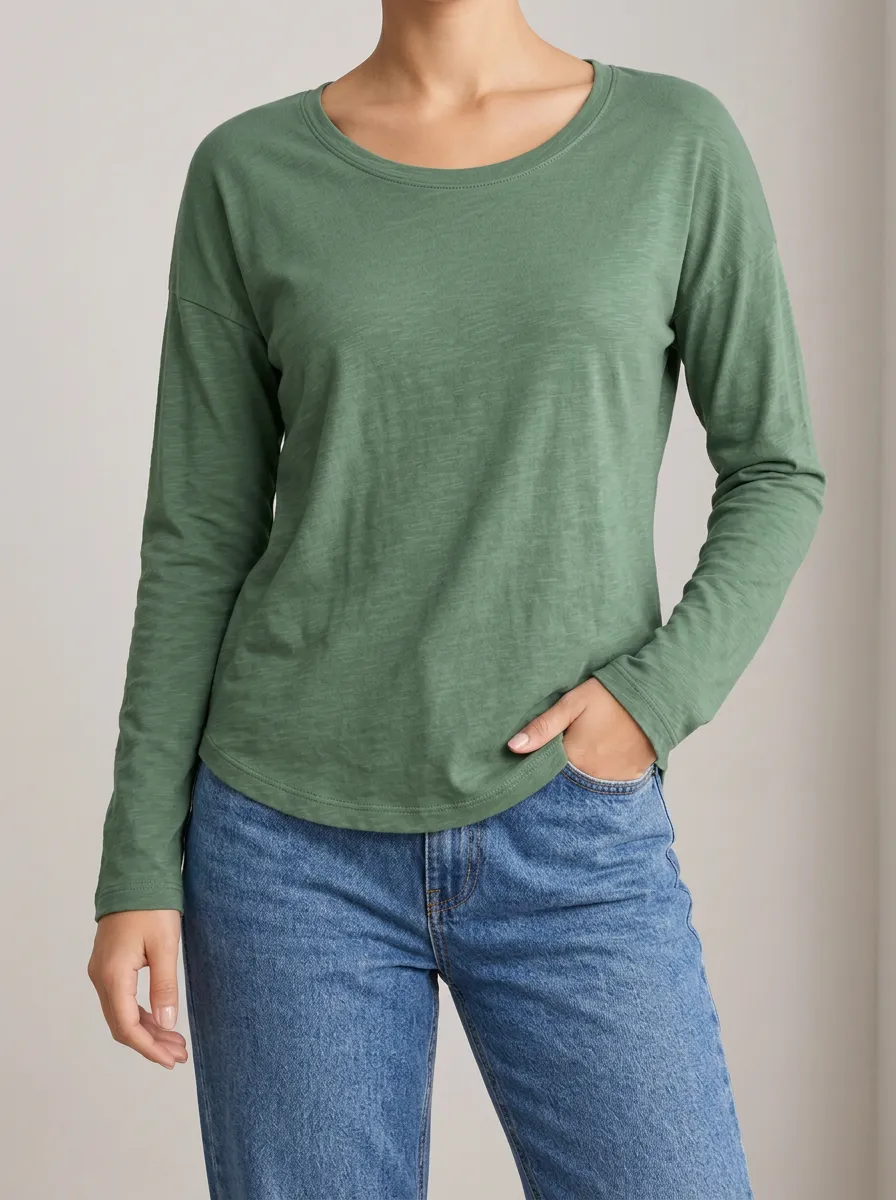 Crew Neck Ribbed Texture Women's Long Sleeve Tee