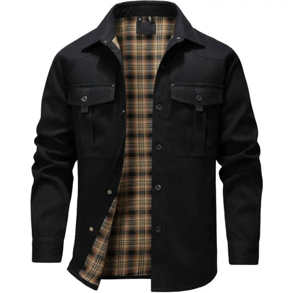 Men's Classic Casual Plaid Flannel-Lined Shirt Jacket – Twill Fabric