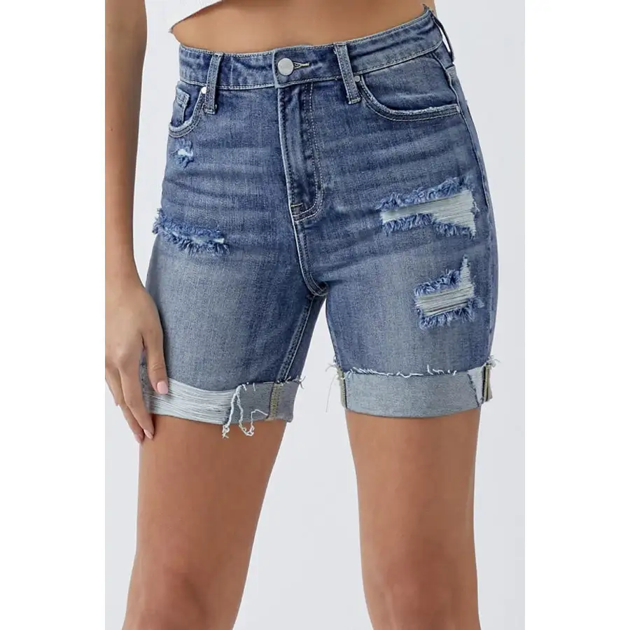 Full Size Distressed Rolled Denim Shorts with Pockets