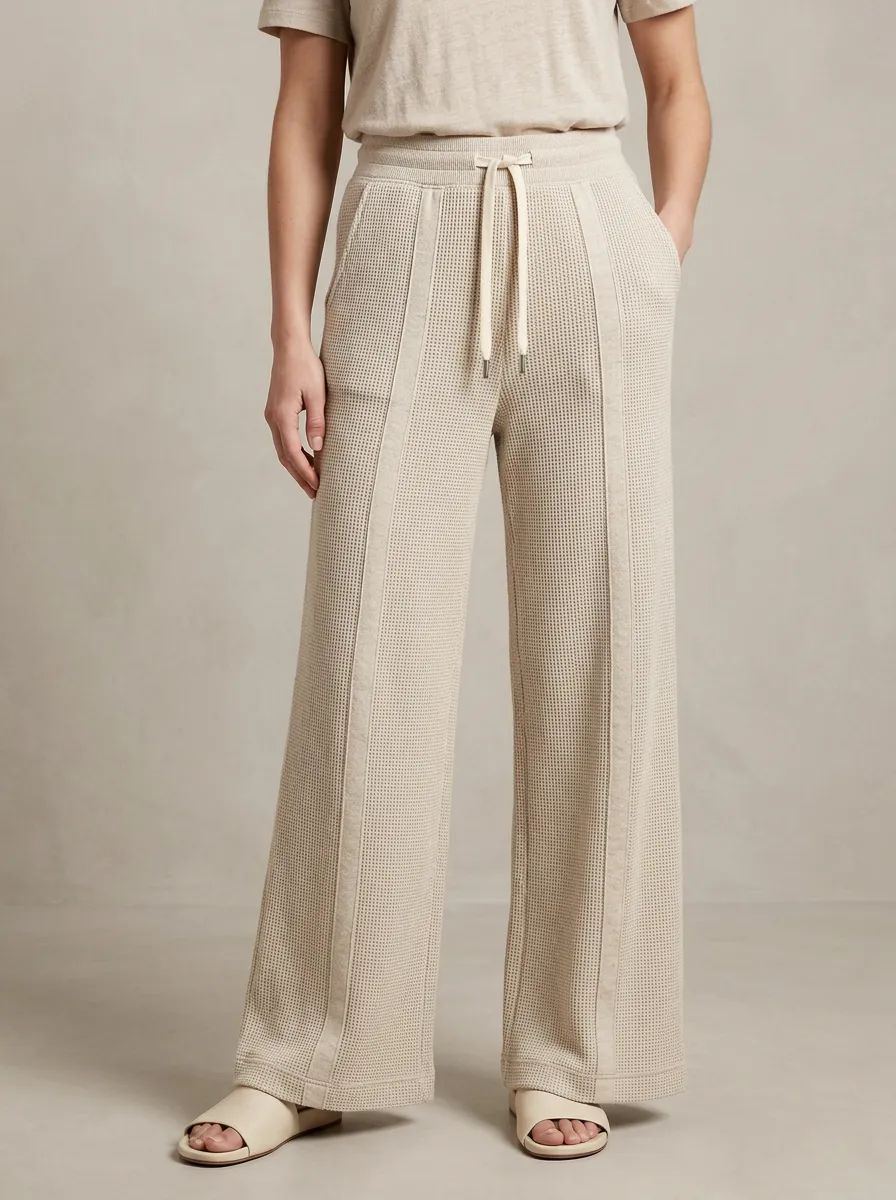 Women's Casual Lounge Waffle Knit Drawstring Wide Leg Pants