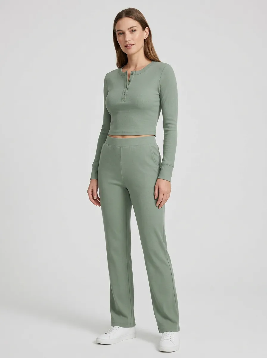 Women's Ribbed Three-Button Henley Crop Top and Straight-Leg Trouser Set