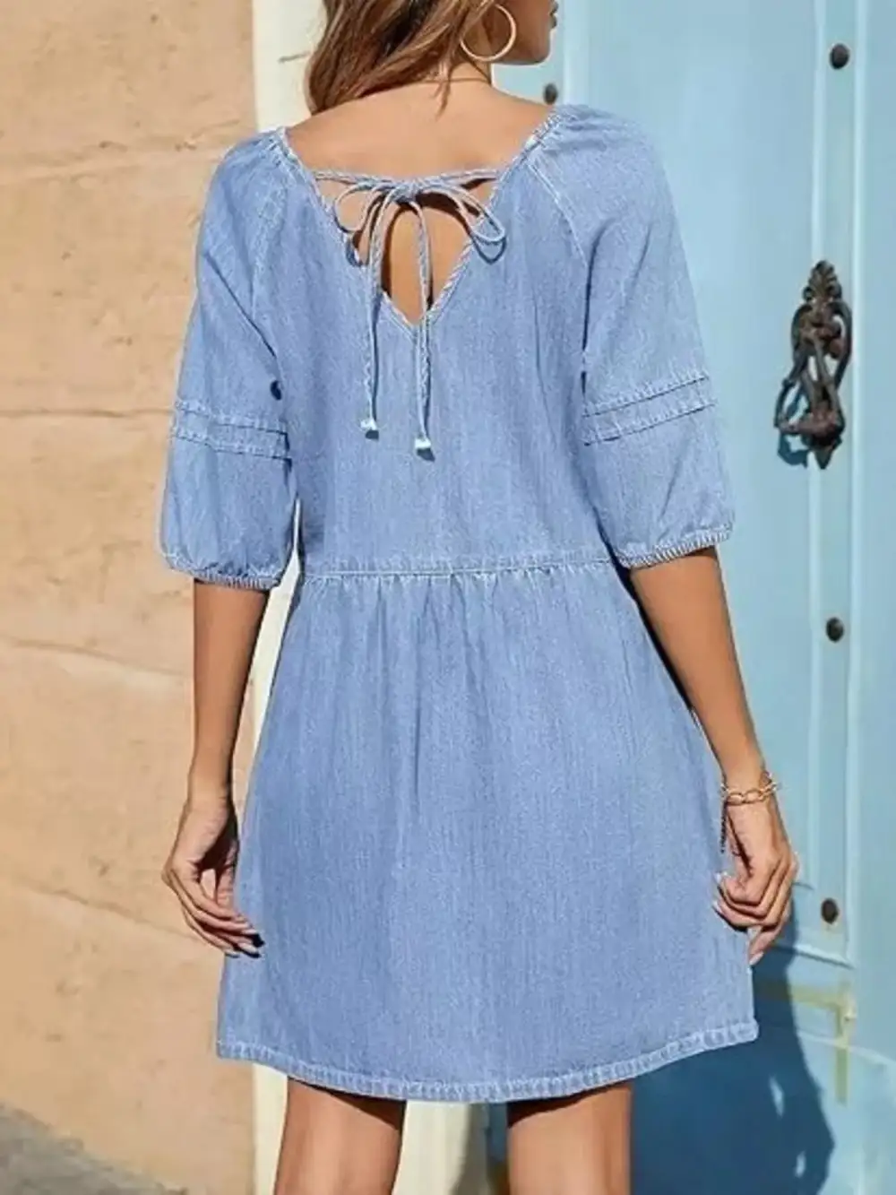 Denim V Neck Puff Sleeve Mini Dress