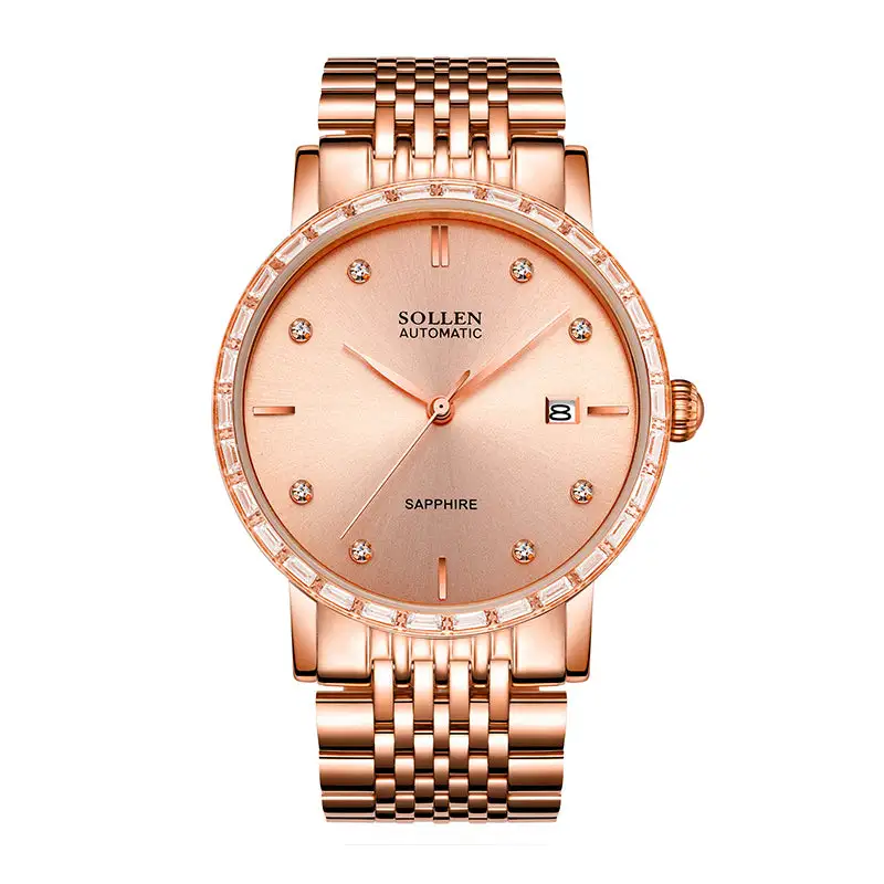 Sollen 9007 Automatic Watch - Men's & Women‘s Couple Sunray Dial Crystal Bezel 9-Bead Stainless Steel Bracelet Wristwatch
