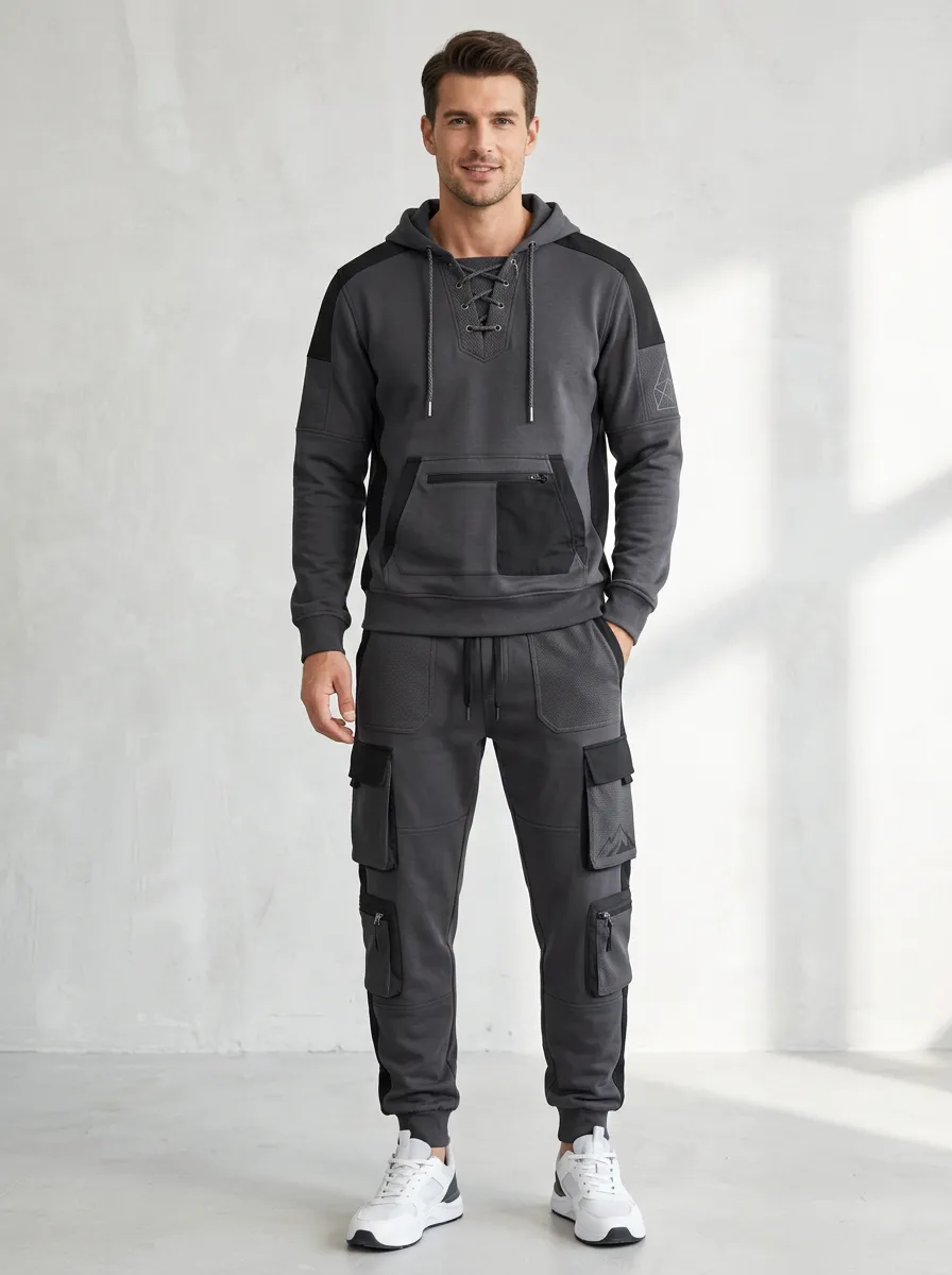 Functional Lace-Up Mountain Graphic Classic Look Men's Lace Up Hoodie And Cargo Jogger Set