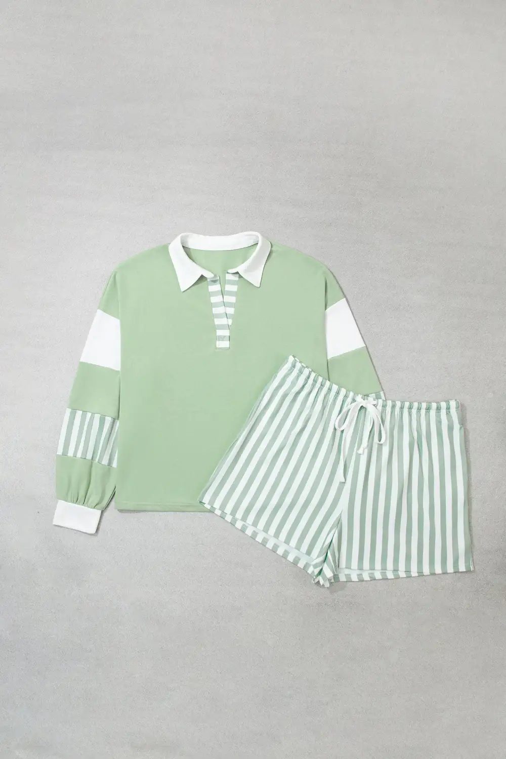 Women's Striped Patchwork V Neck Two Piece Shorts Set
