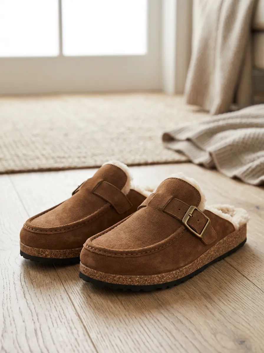 Women's Worksite Faux Fur Lined Buckle Detail Clog Style Suede Wood Sole Loafers