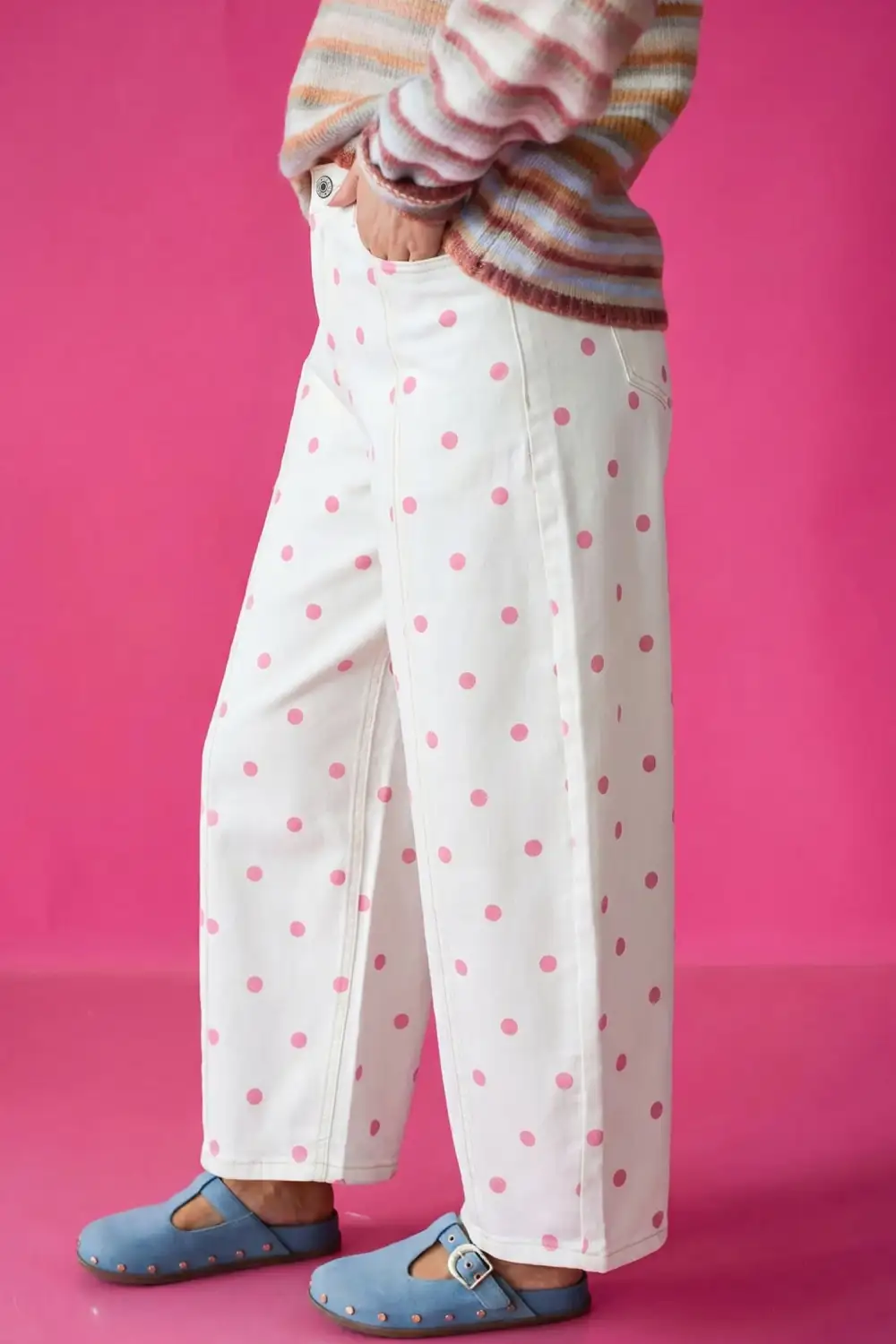 Polka Dot Relaxed Fit Barrel Leg Cropped Casual Jeans