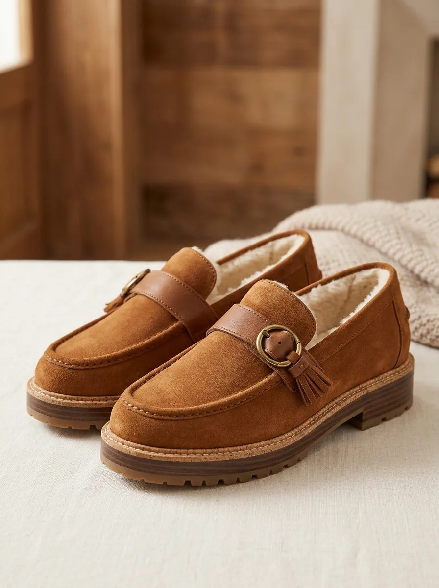 Women's Classic Faux Fur Lined Buckle Detail Winter Suede Wood Sole Loafers