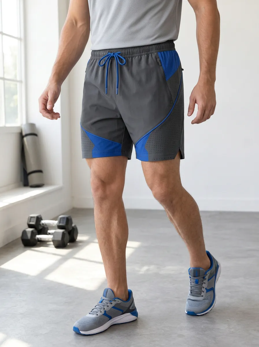 Men's Gym Fitness Blue Grey Colorblock Perforated Athletic Shorts