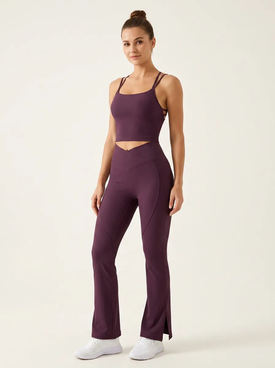 Women's Yoga Fitness Purple Ribbed Crisscross Flare Leggings Set