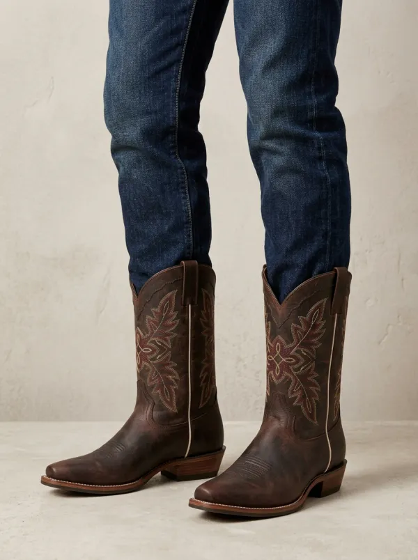 Men's Classic Western Embroidered Brown Leather Printed Boots