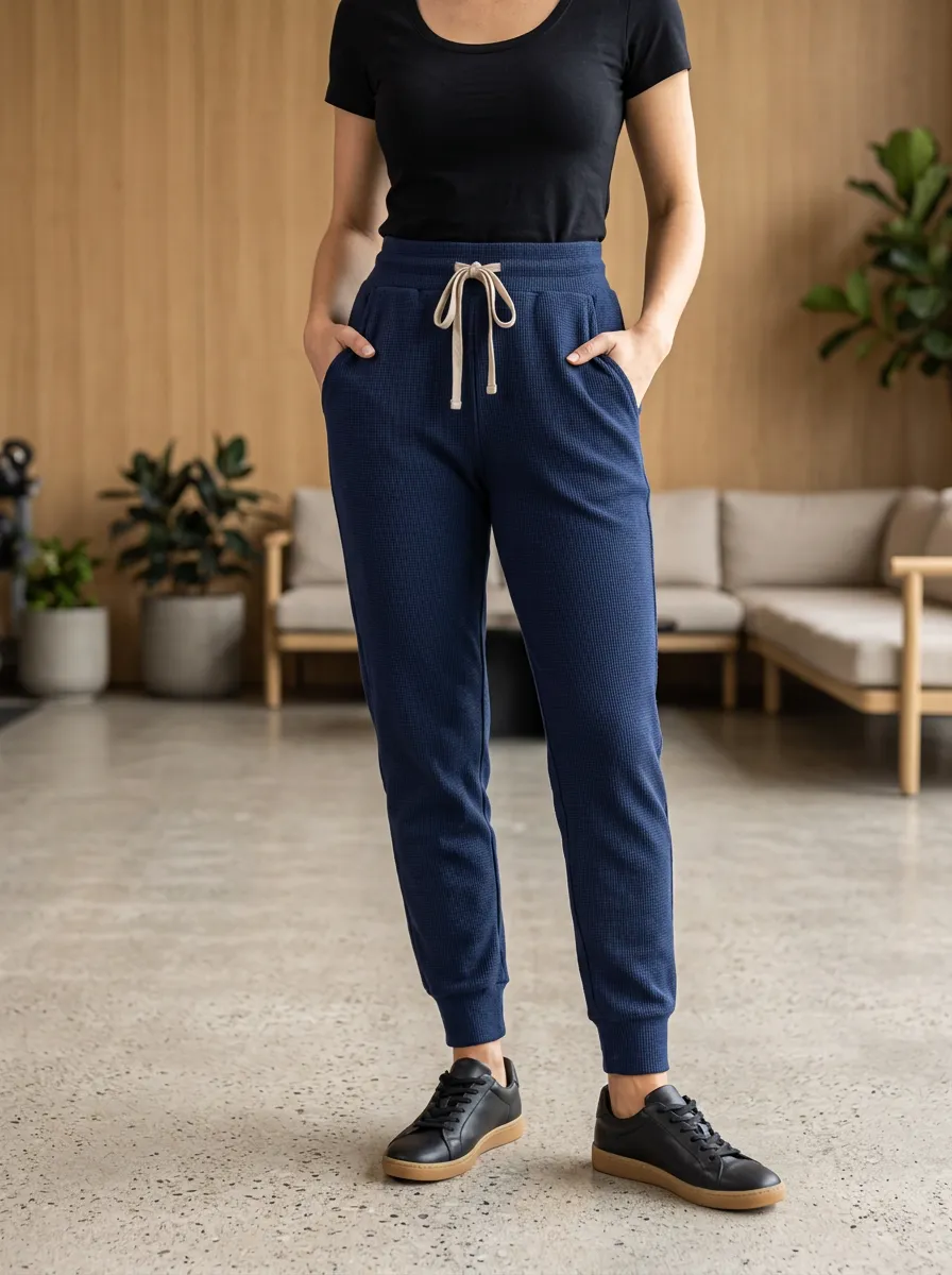 Women's High-Waisted Waffle Knit Drawstring Joggers