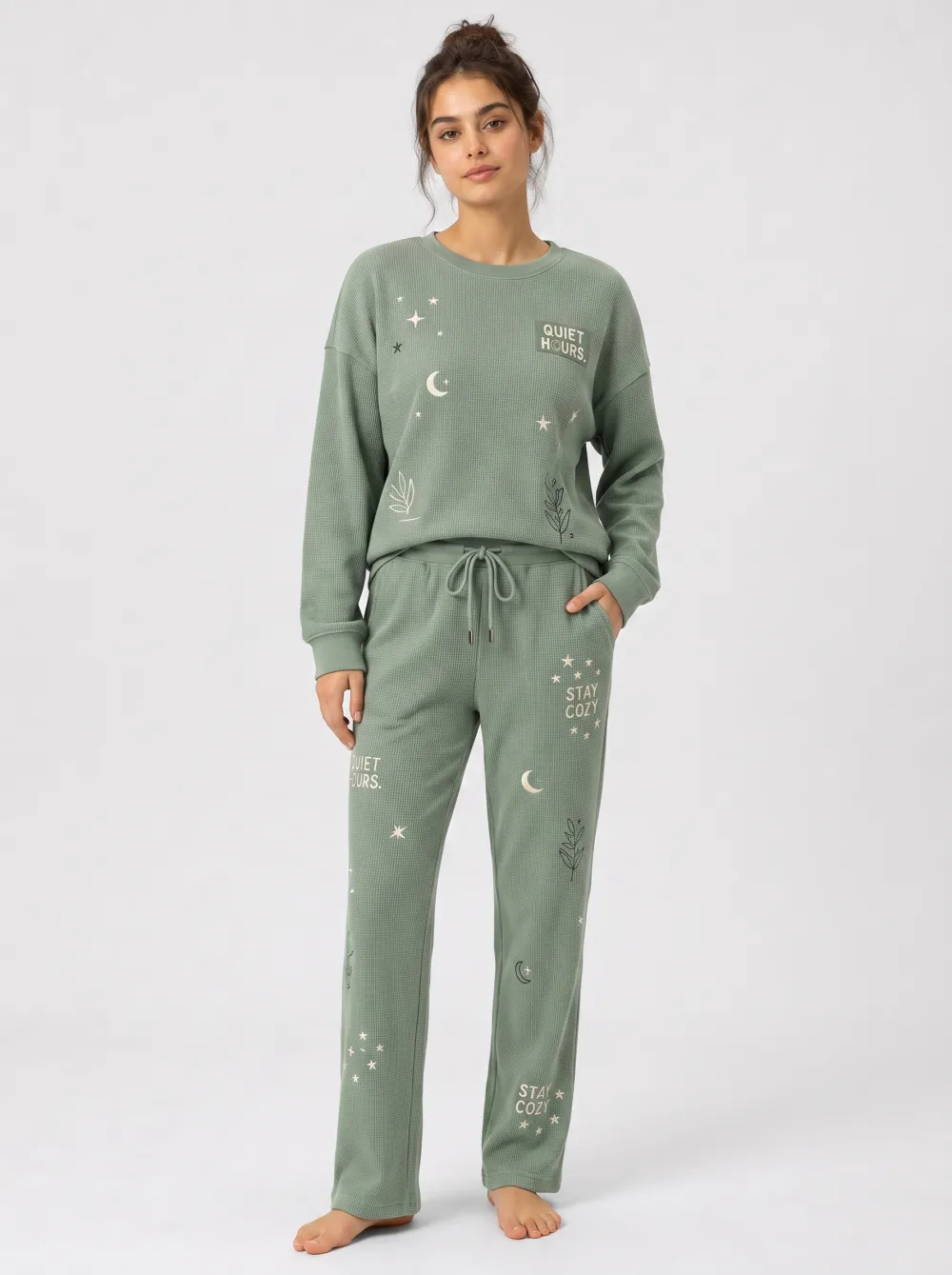 Women's Cozy Aesthetic Moon Star Printed Waffle Lounge Set