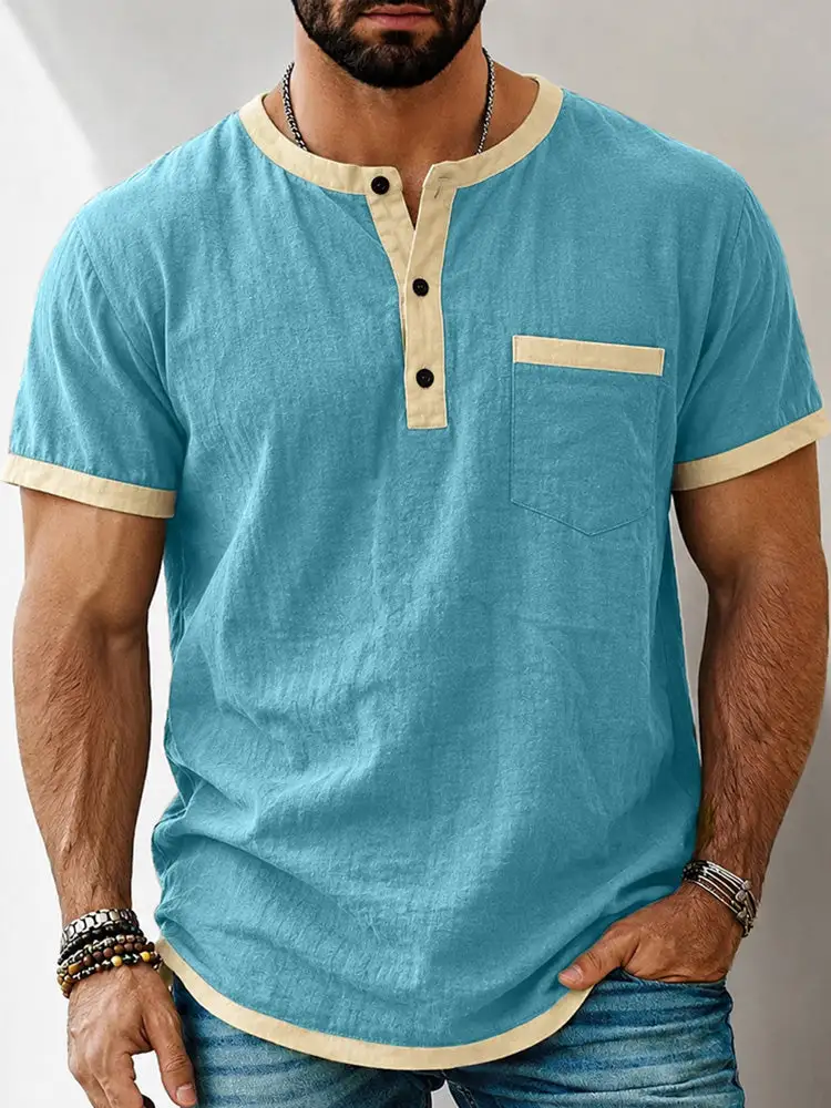 S Contrast Trim Henley Short Sleeve Shirt Cotton Linen