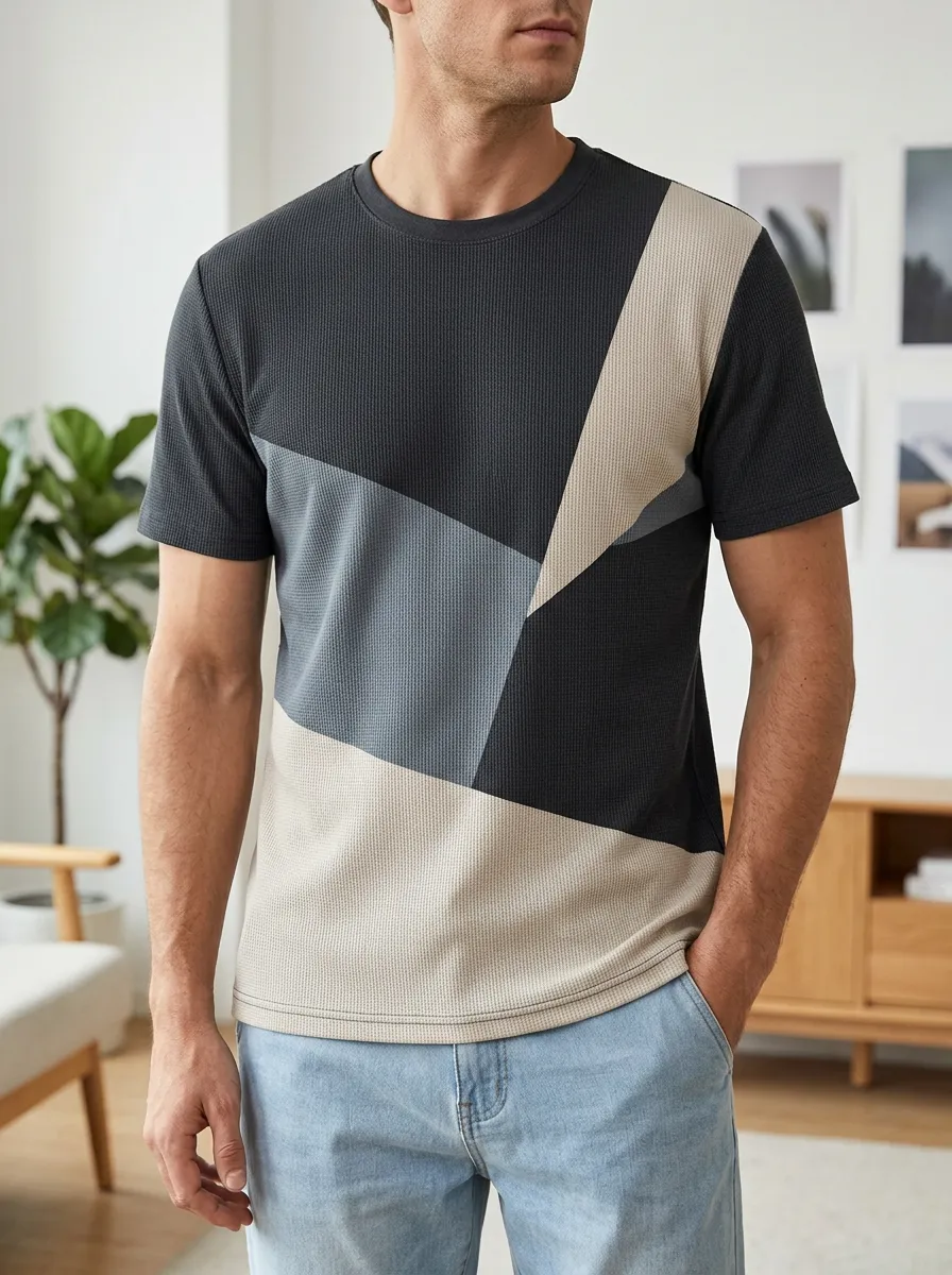 Men's Geometric Colorblock Waffle Knit Contemporary Crew Neck T-Shirt