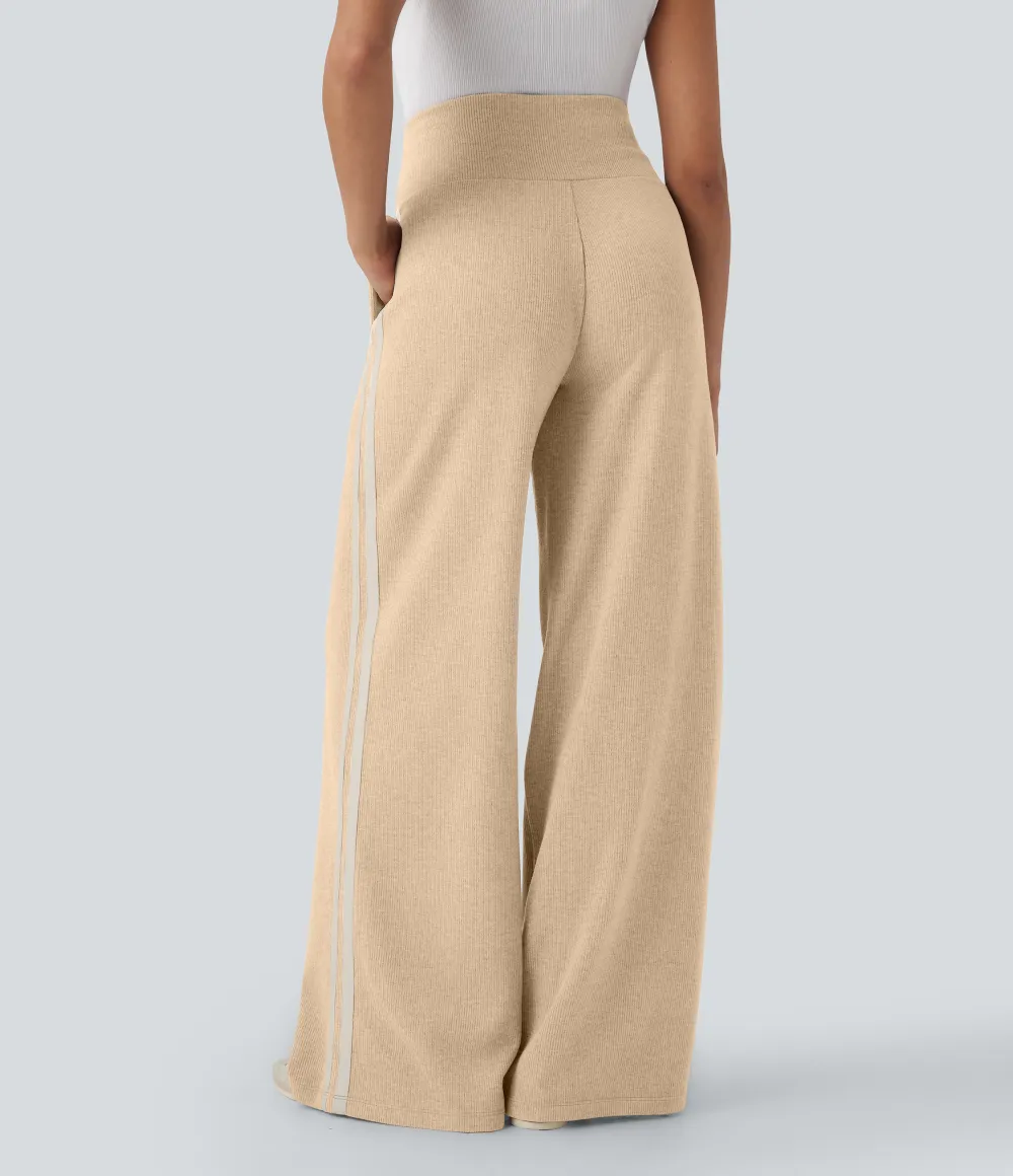 2026🔥  Ribbed SoCinched High Waisted Tummy Control Drawstring Wide Leg Color Block Casual Trousers with Pockets