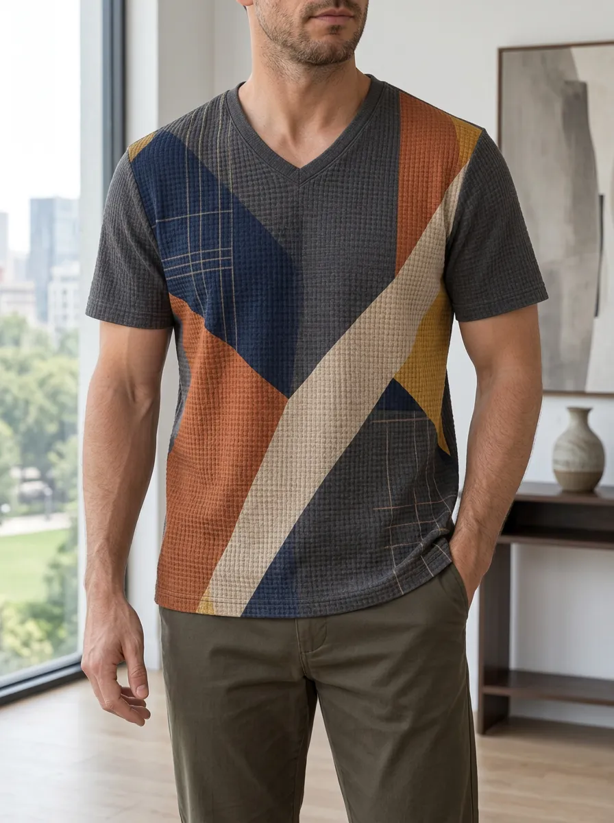 Men's Expressive Geometric Colorblock Waffle Knit V-Neck T-Shirt