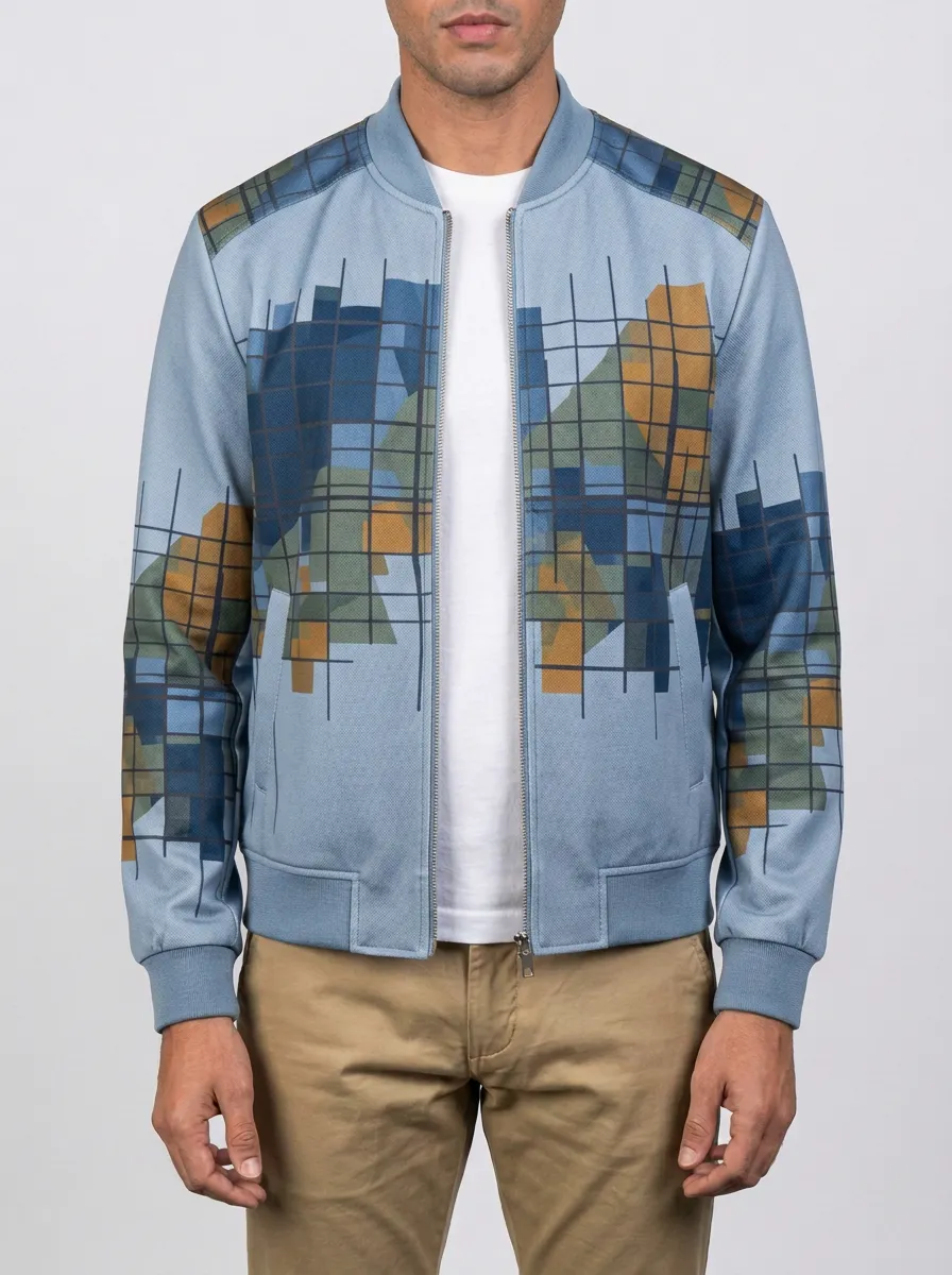Grid Print Panel Detail Bomber Jacket