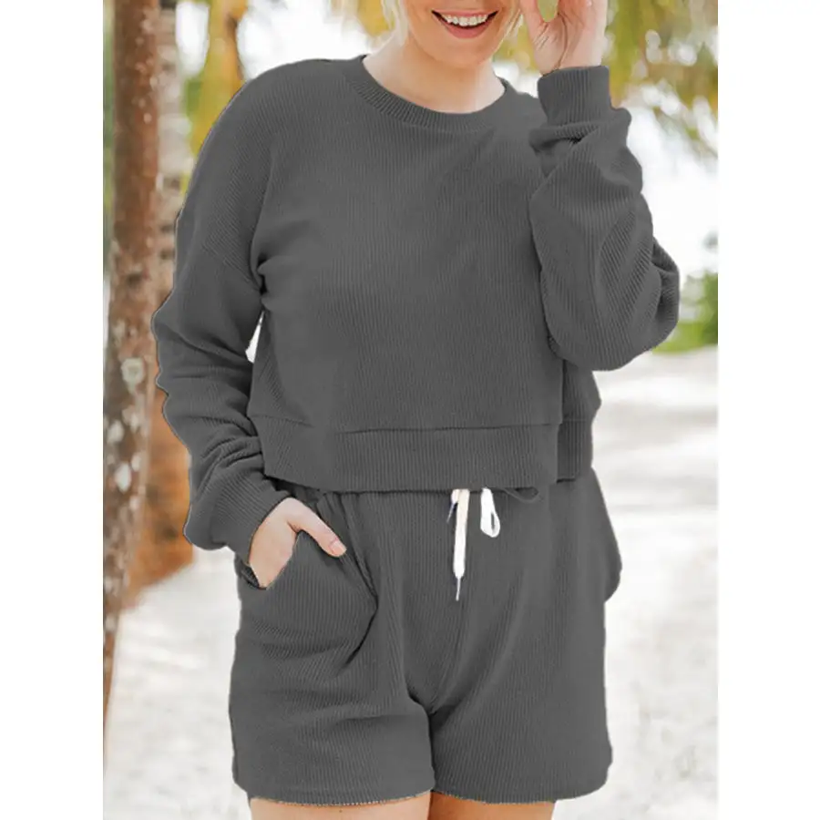 Ribbed Round Neck Long Sleeve Top and Shorts Set