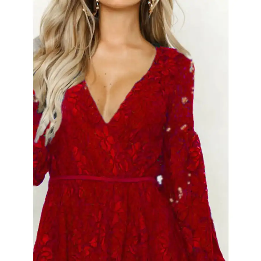 Lace V-Neck Long Sleeve Mini Dress