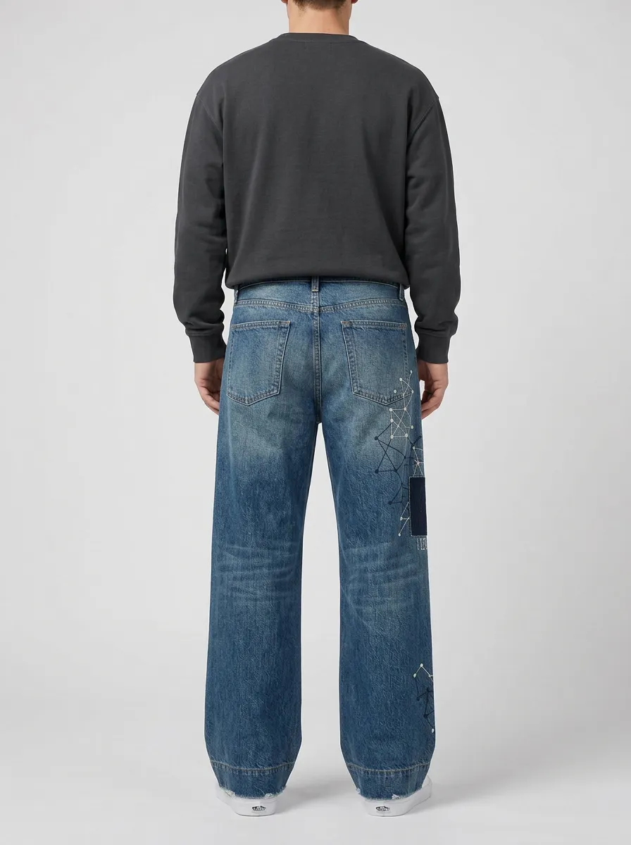 Men's Geometric Constellation Patchwork Printed Wide Leg Jeans