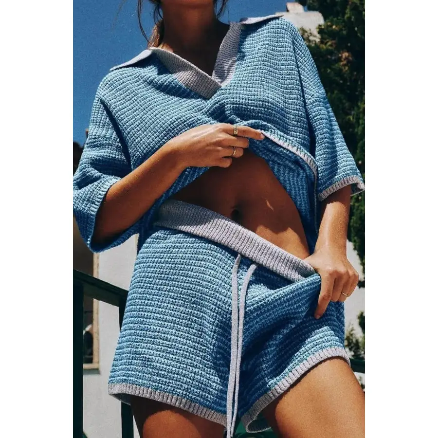 Collared Neck Contrast Striped Top and Shorts Sweater Set