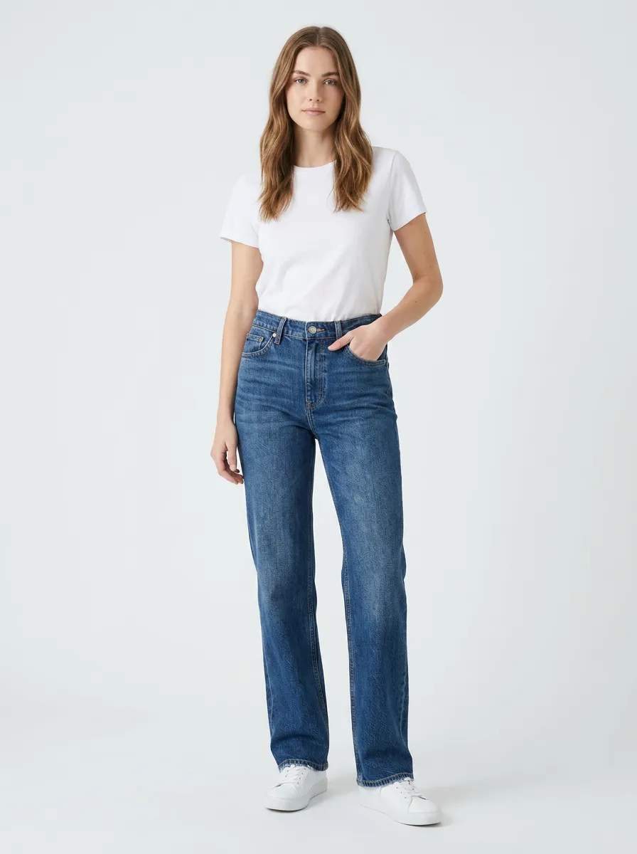Women's Casual Daily Wear Blue Denim High-Rise Straight Leg Jeans