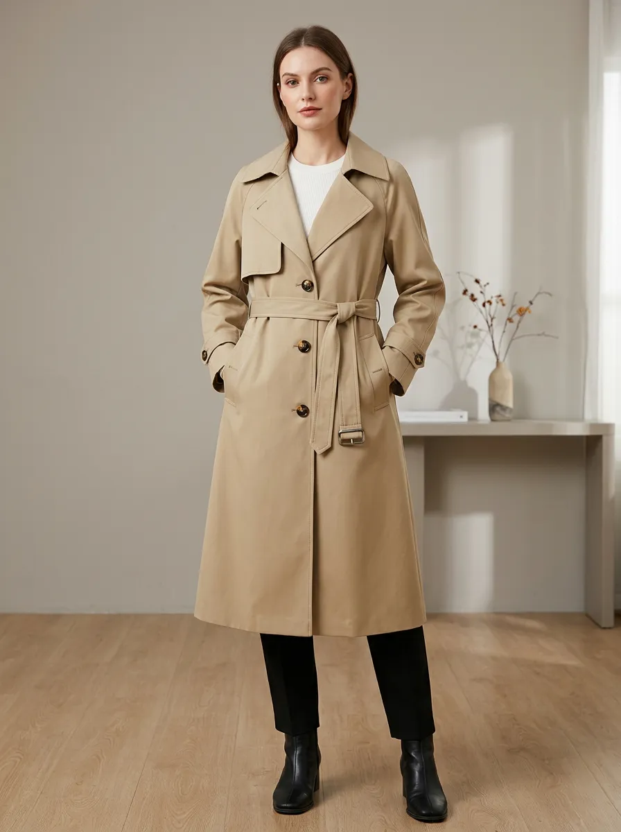 Women's Modern Double-Breasted Belted Classic Long Trench Coat