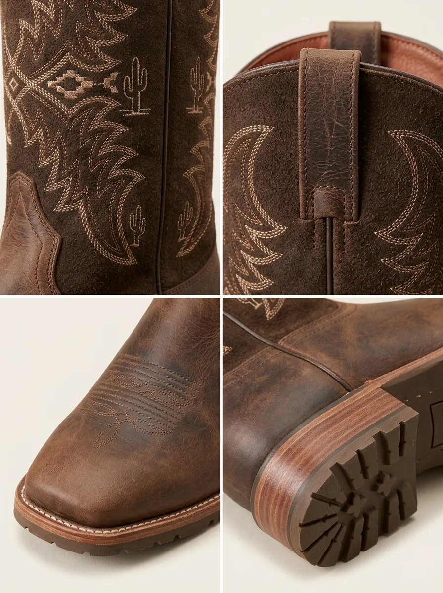 Men's Western Cowboy Cactus Embroidered Suede Leather Boots